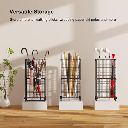 Umbrella Holder Entryway, Umbrella Stand Freestanding, Metal Square Umbrella Rack Organizer with a Removable Drip Tray, Hooks, Black