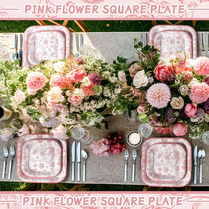 100-Piece Floral Disposable Paper Plate Set - 9-Inch Dinner Plates and 7-Inch Square Dessert Plates for Birthday, Wedding, and Baby Shower Celebrations (Pink, Floral Design)