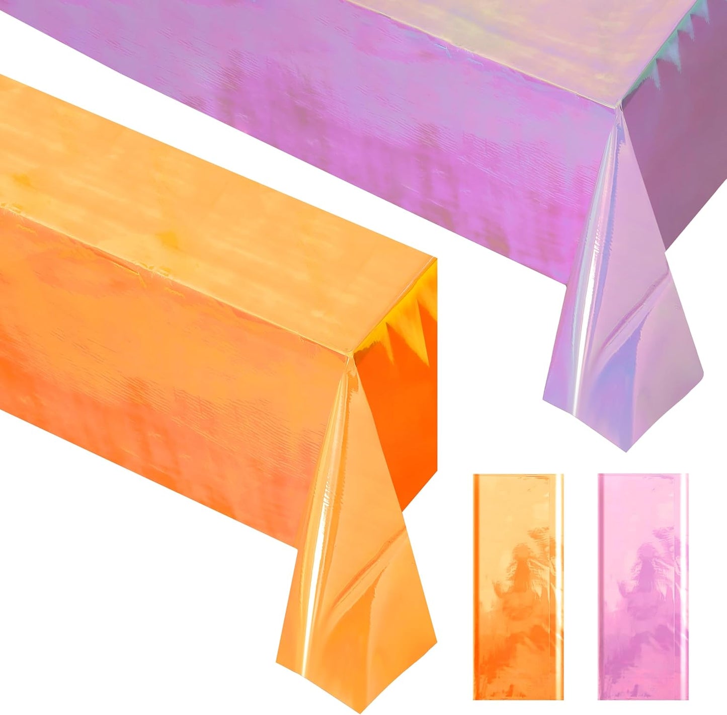 Set of 2 Iridescent Orange and Pink Disposable Tablecloths, 40 x 108 Inches, Shiny Laser Glitter Plastic Covers for Party, Wedding, and Banquet Decorations