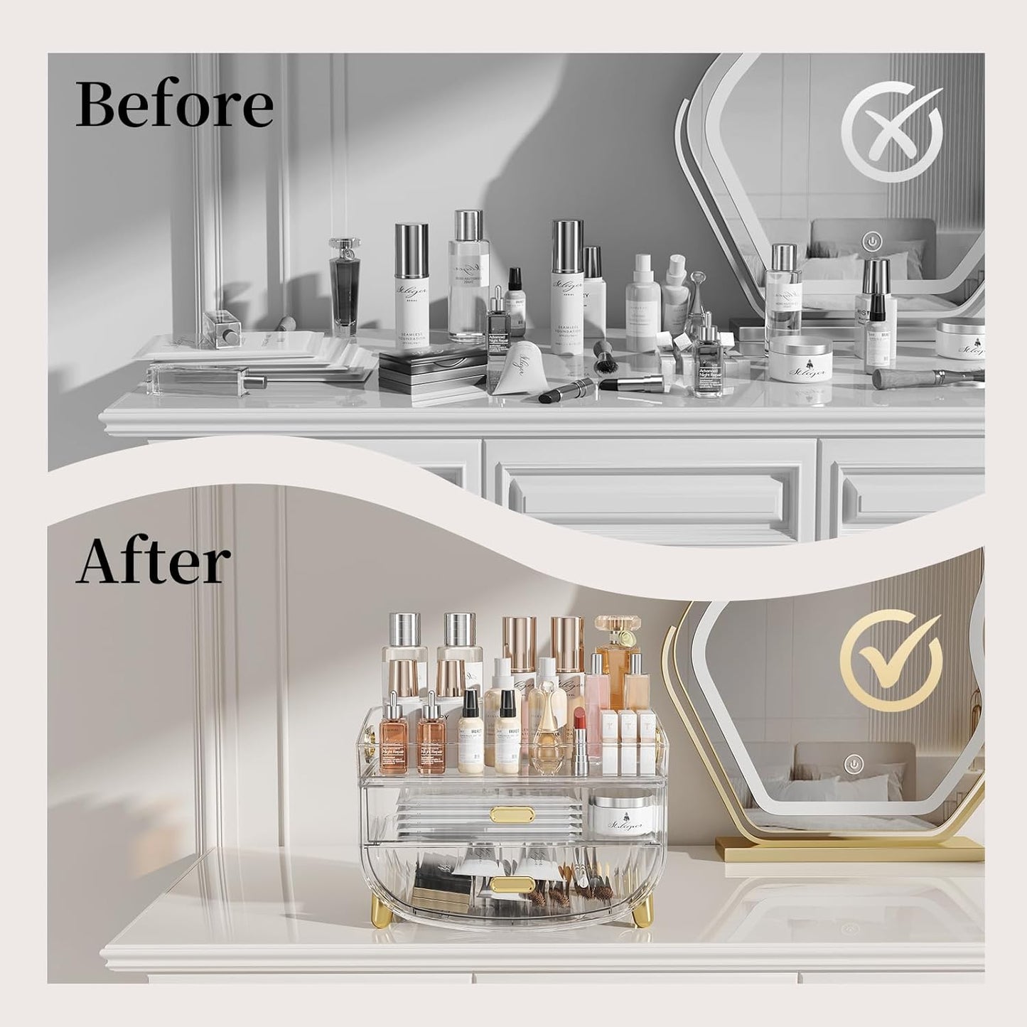 Makeup Organizer with Drawers, Bathroom Counter Organizers and Storage, Transparent Design Keeps Items Visible and Dust-Free, Simple and Stylish for Bath Linen Sets, Vanity, Skincare, Clear