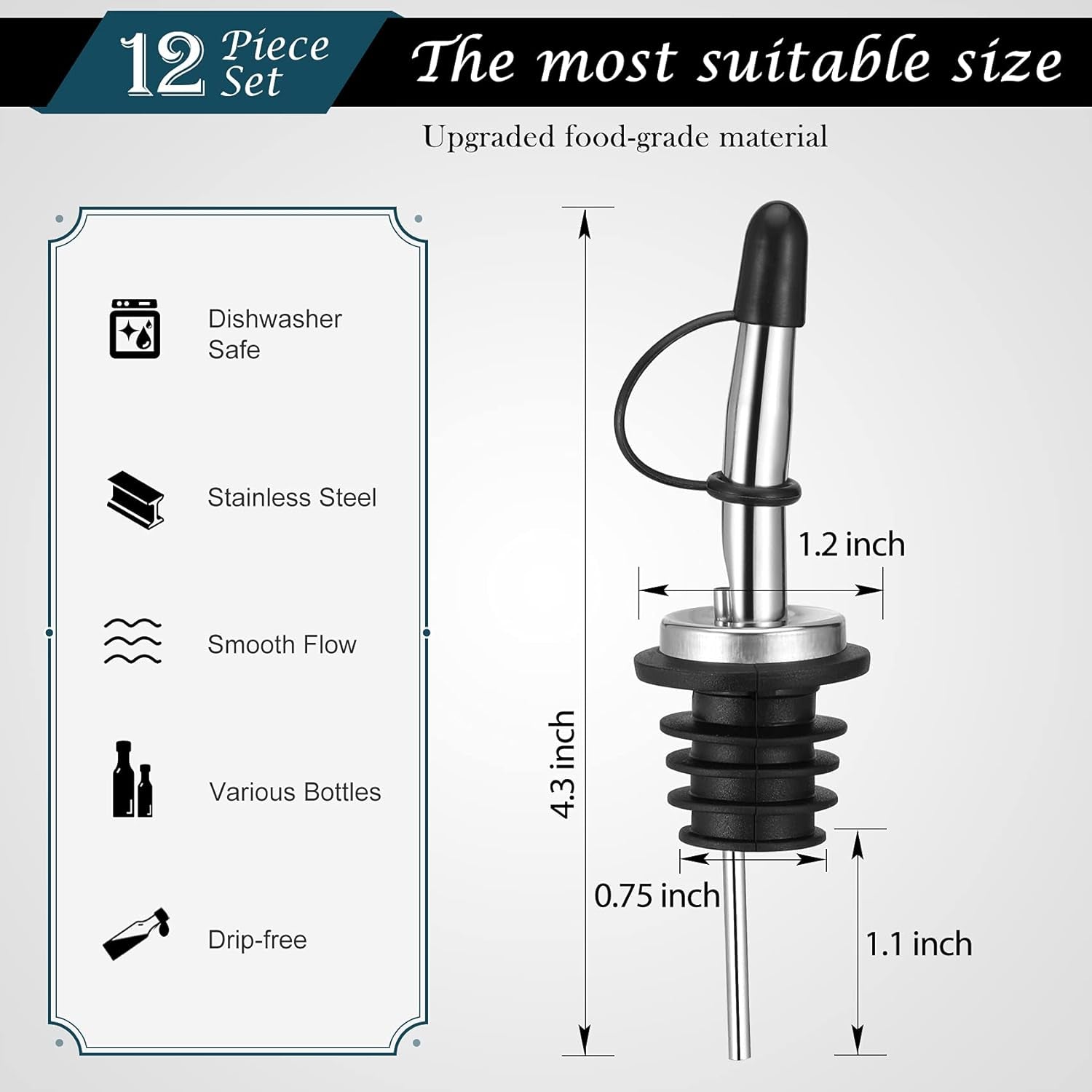 12 Pack Liquor Pour Spout, Stainless Steel Liquor Bottle Pourers with Rubber Dust Caps for Alcohol, Olive Oil, Liquor Pourers with Dust Caps, Speed Pourers, Bar Bartender Accessories