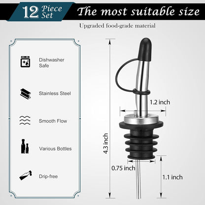 12 Pack Liquor Pour Spout, Stainless Steel Liquor Bottle Pourers with Rubber Dust Caps for Alcohol, Olive Oil, Liquor Pourers with Dust Caps, Speed Pourers, Bar Bartender Accessories