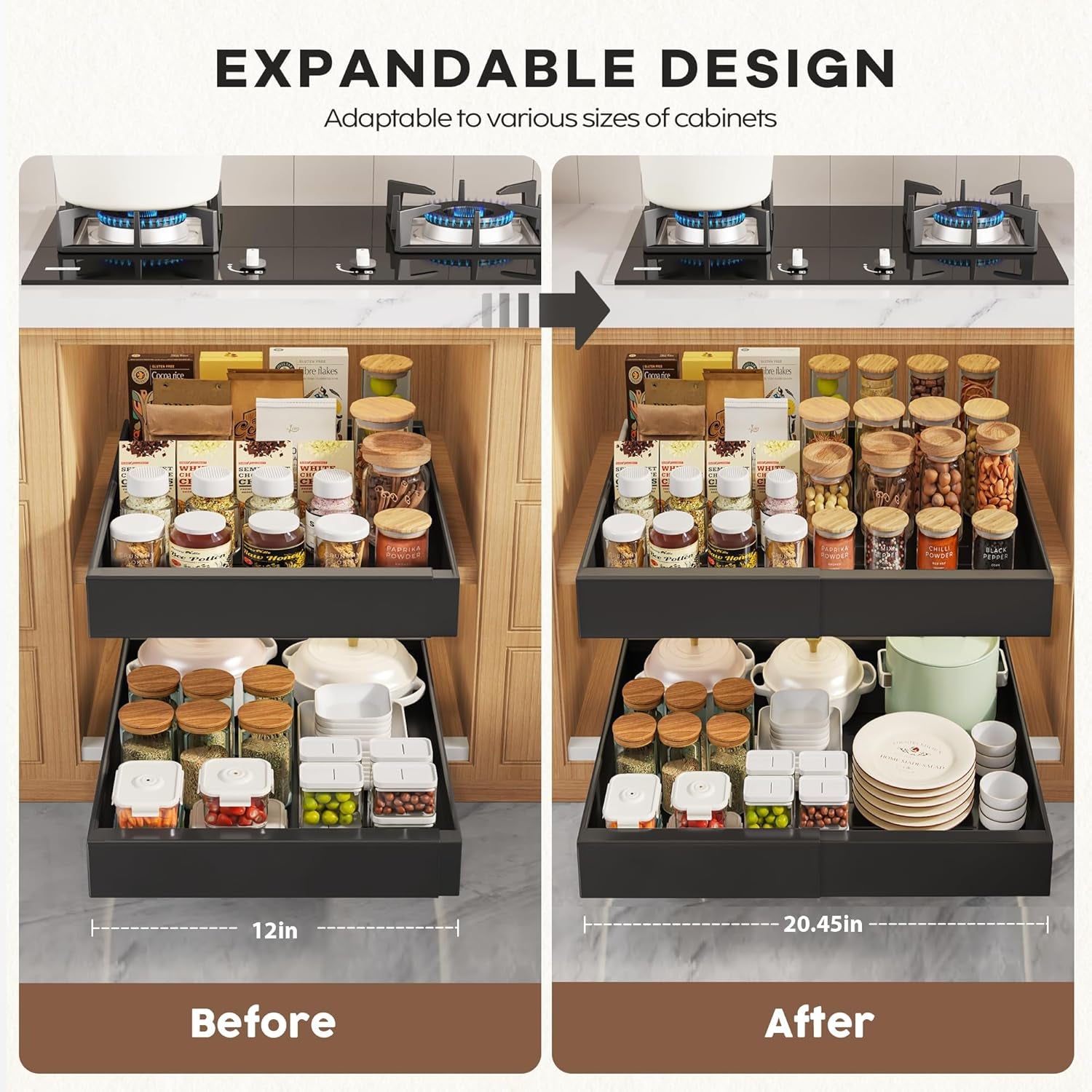 2-Pack 21" Deep Pull-Out Cabinet Organizers with Adjustable Width 12"-20.45", Enhanced Slide-Out Drawers Featuring 3 Slide Rails and Adhesive Roll-Out Shelves, Black