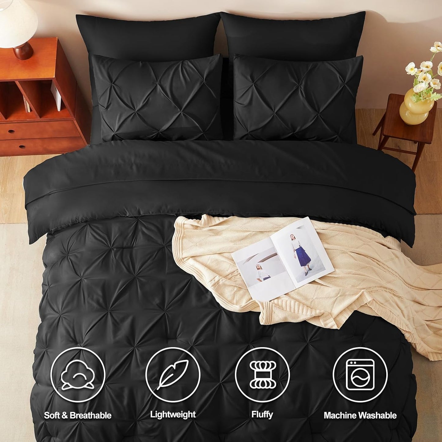 Queen Comforter Set 7 Pieces Bed in a Bag Black Premium Comforters Queen Size Bed Set Pintuck Pinch Pleat Complete Bedding Sets with Comforter, Flat Sheet, Fitted Sheet and Pillowcases & Shams