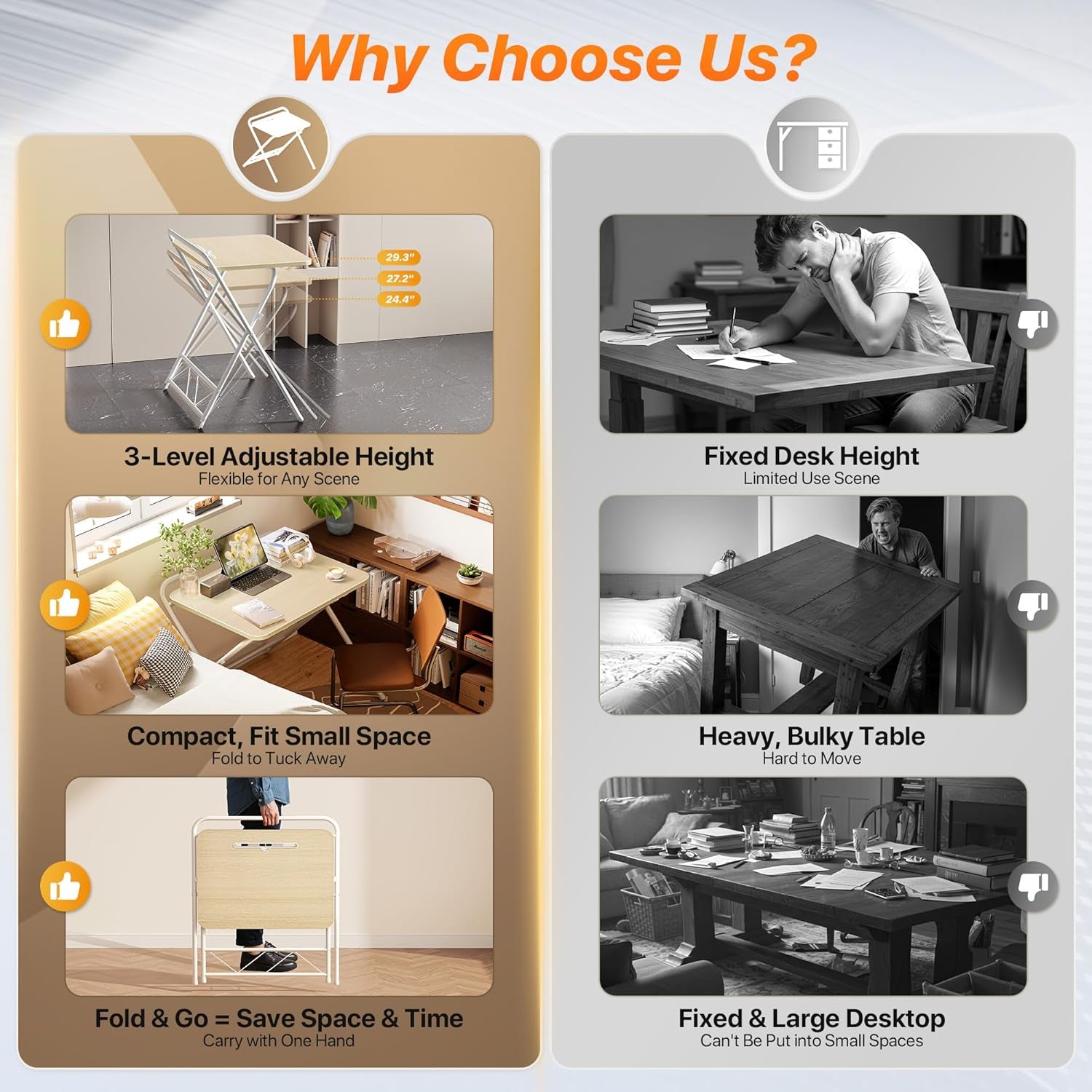 Adjustable Height Folding Desk with Tablet Slot, 24-Inch Compact Computer Desk for Small Spaces, Ideal for Home Office, Bedroom, and Study, Oak Finish