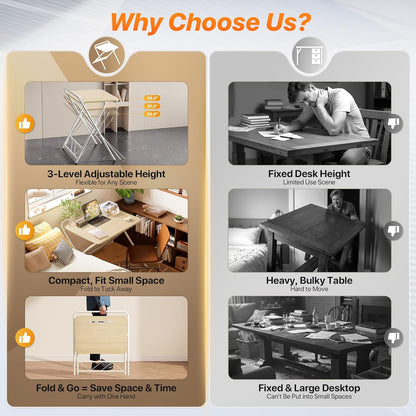 Adjustable Height Folding Desk with Tablet Slot, 24-Inch Compact Computer Desk for Small Spaces, Ideal for Home Office, Bedroom, and Study, Oak Finish