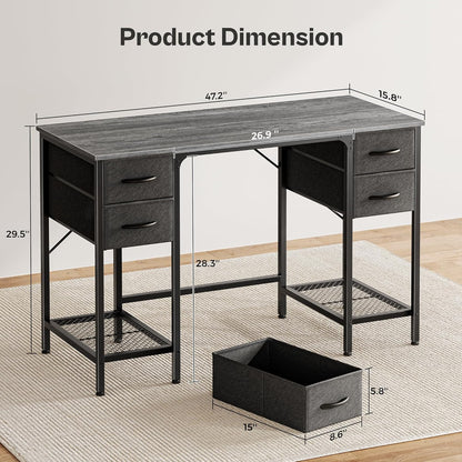47-Inch Executive Computer Desk with Four Drawers and Mesh Shelf - Versatile Office and Gaming Workstation for Home, Study, and Bedroom, Grey