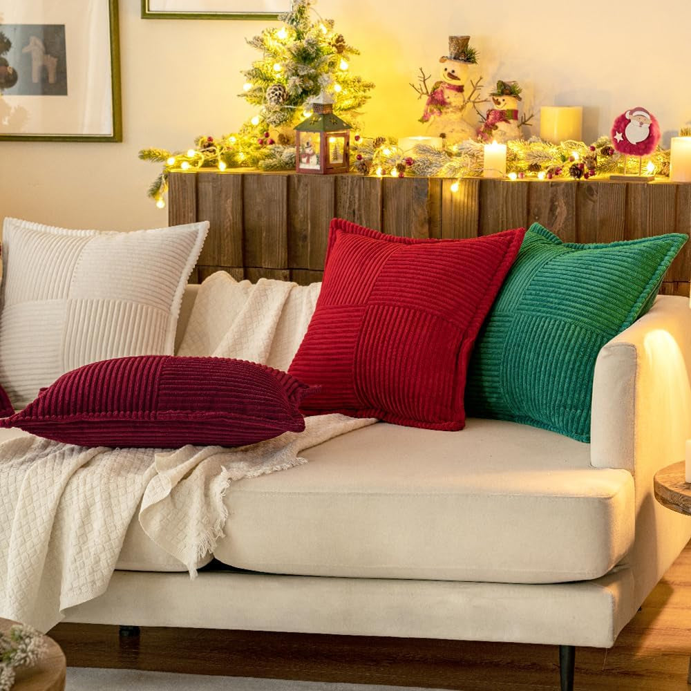 Christmas Decorative Throw Pillow Covers for Couch Bed Livingroom 18X18 Inch Set of 2 Burgundy Boho Accent Throw Pllows Broadside Striped Patchwork Soft Corduroy Pillowcases