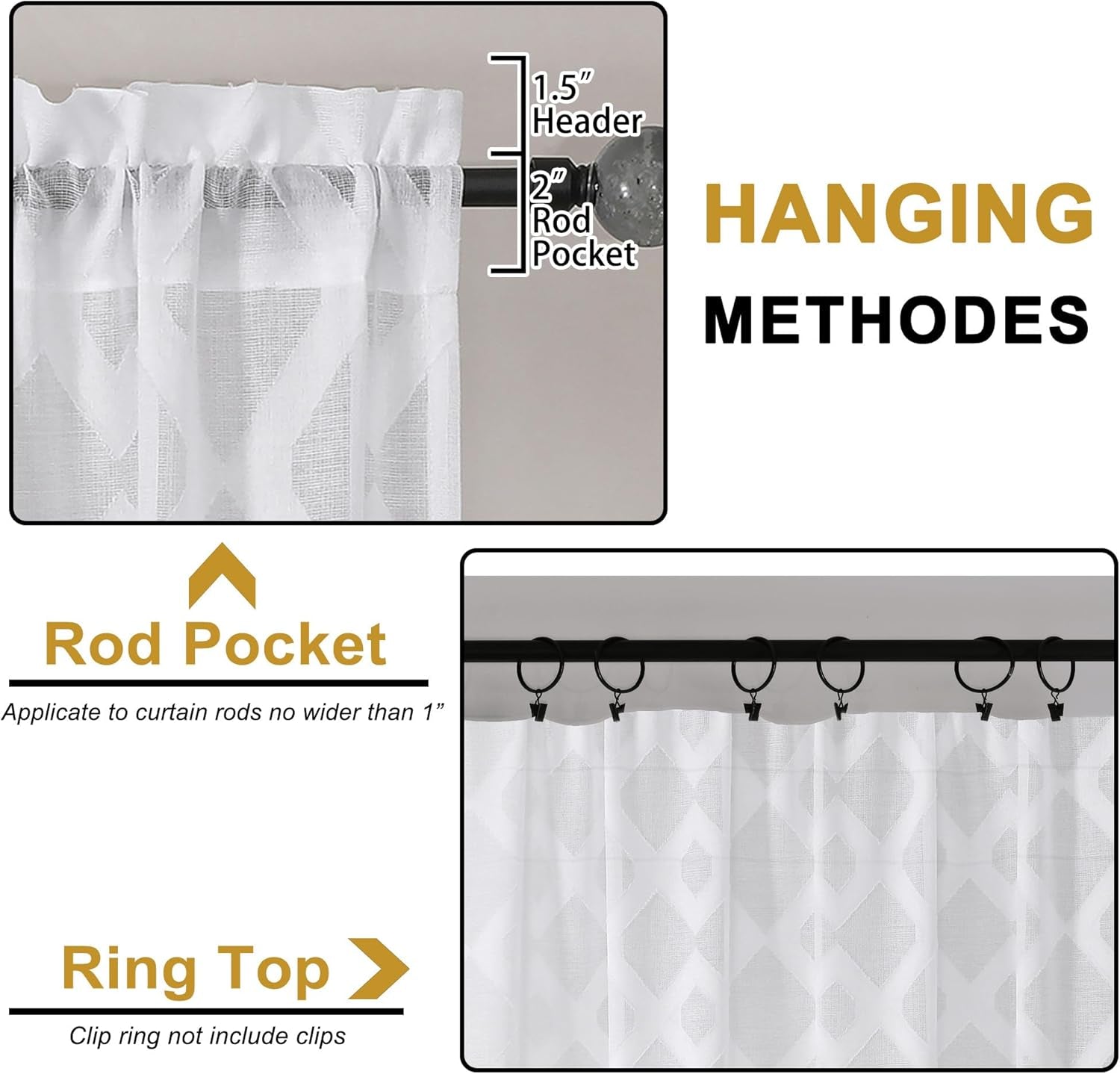 Sheer White Curtains 84 Inches Long 2 Panels Set for Bedroom, Light Filtering Geometric Jacquard Clip Textured Window Curtain, Modern Farmhouse Curtains for Living Room, Total Wide 84" Inch