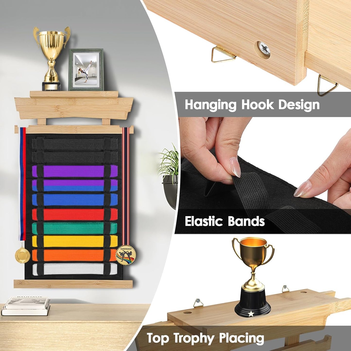 Karate Belt Display Rack with Personalized Stickers - Bamboo Trophy Holder for Taekwondo, BJJ, and Martial Arts Belts