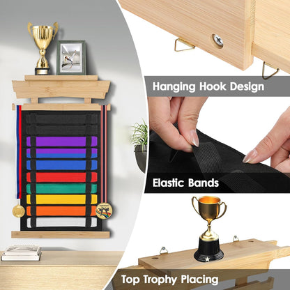 Karate Belt Display Rack with Personalized Stickers - Bamboo Trophy Holder for Taekwondo, BJJ, and Martial Arts Belts
