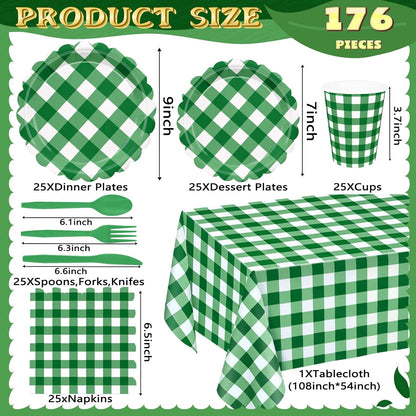 176 PCS Green Gingham Plates and Napkins, Green and White Checkered Disposable Plates Set with Napkins Cups Plastic Spoons Forks Knives for Dinner Birthday Picnic Golf Graduation Party Decorations