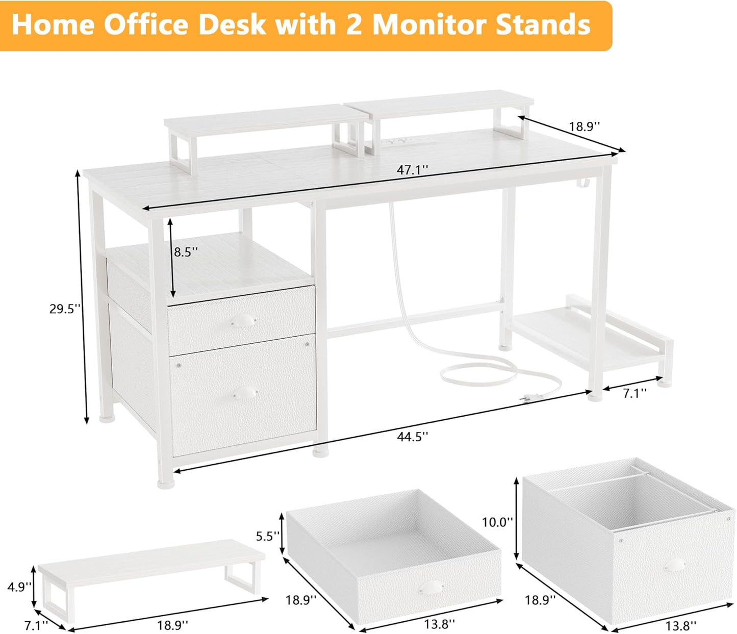 47" Computer Desk with File Cabinet and Power Outlets, Home Office Desk with 2 Monitor Stands and Storage Drawer, Writing Gaming Table with Shelves and 2 Hooks for Bedroom, White