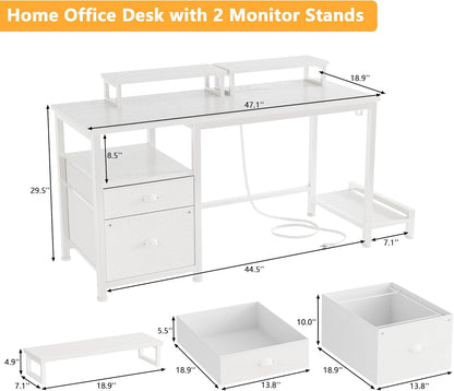 47" Computer Desk with File Cabinet and Power Outlets, Home Office Desk with 2 Monitor Stands and Storage Drawer, Writing Gaming Table with Shelves and 2 Hooks for Bedroom, White