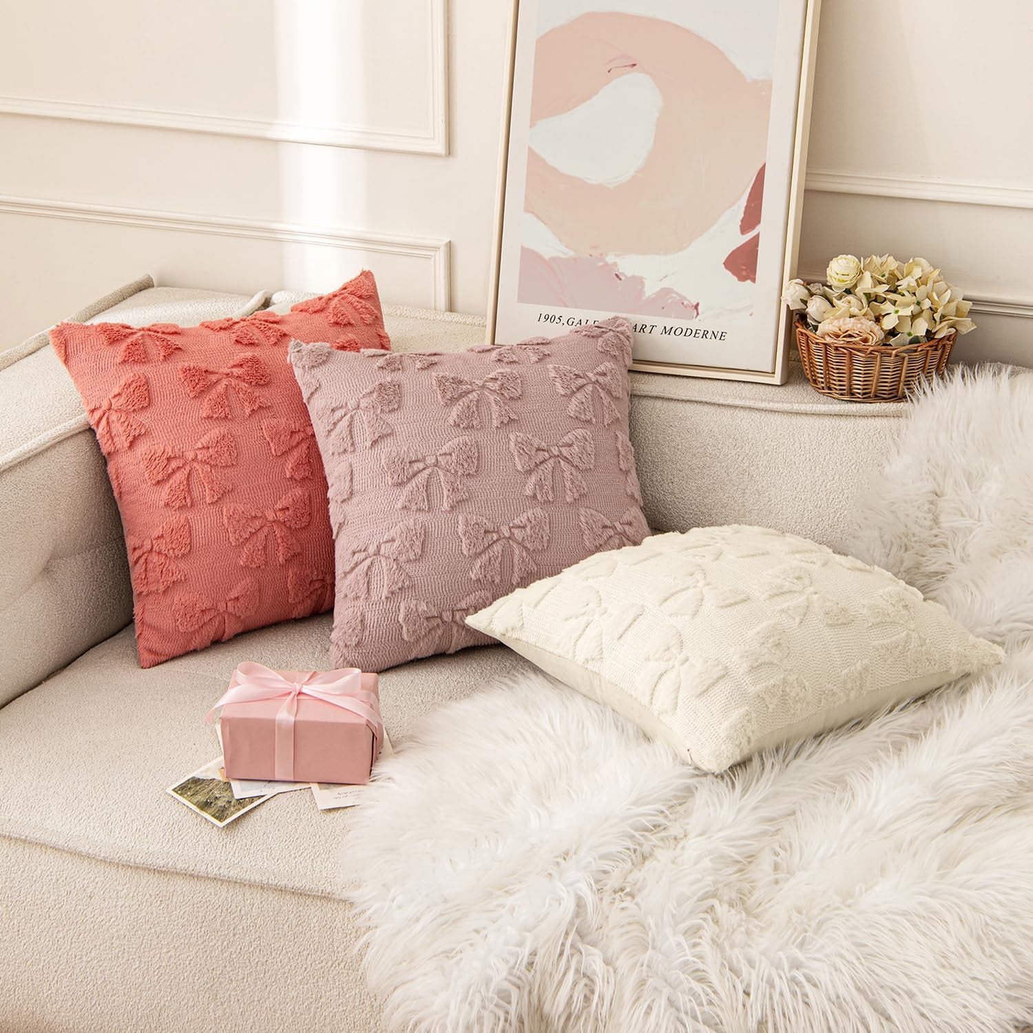 Blush Pink Bow Pillow Covers - Set of 2 Soft Plush Decorative Pillowcases for Aesthetic Room Decor, 18x18 Inches