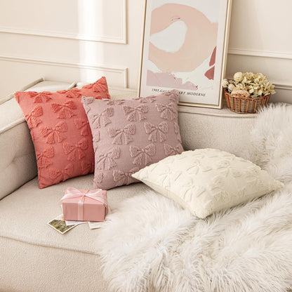 Blush Pink Bow Pillow Covers - Set of 2 Soft Plush Decorative Pillowcases for Aesthetic Room Decor, 18x18 Inches