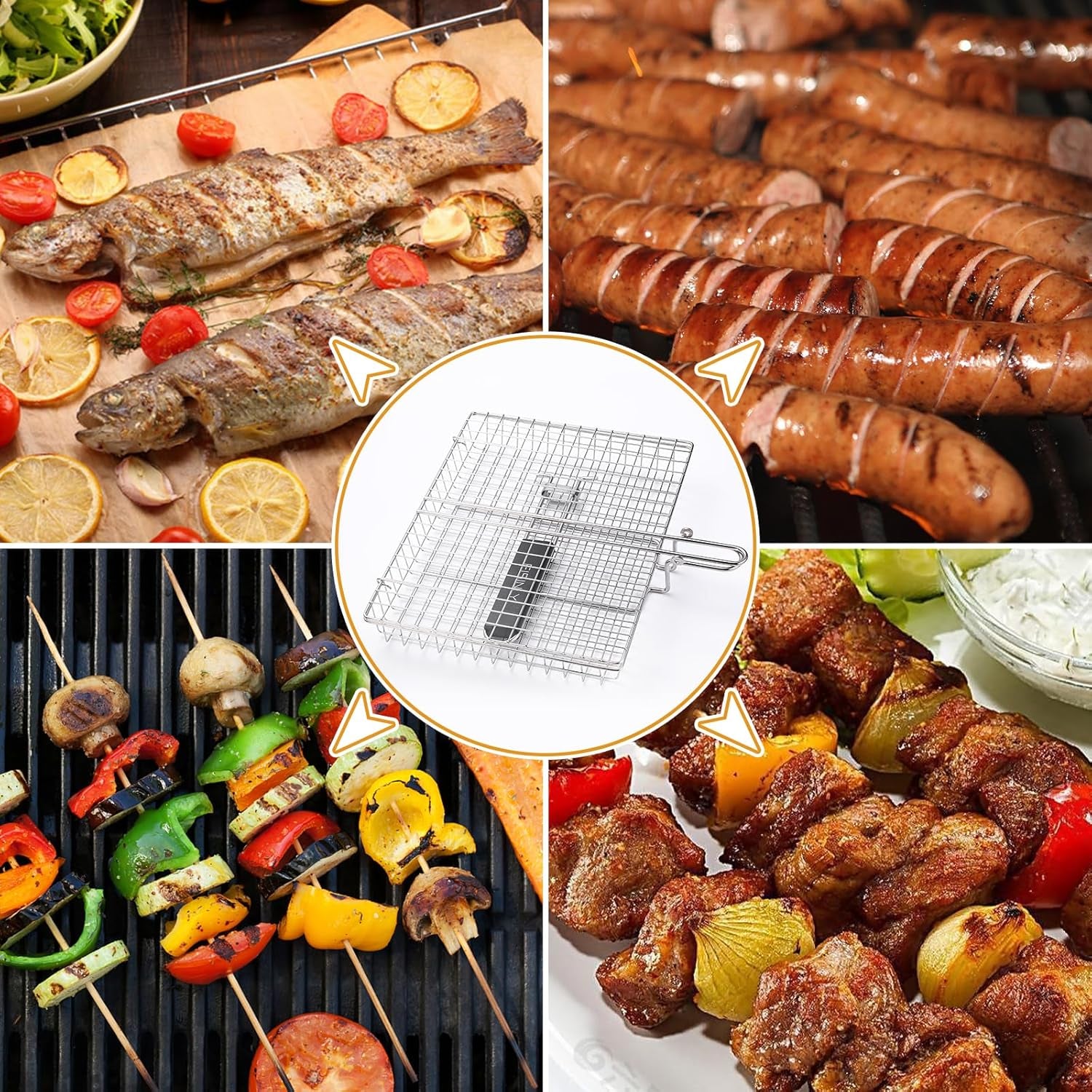 Portable Grill Basket,  BBQ Grilling Basket for Outdoor Grill with Removable Handle, Stainless Steel Camping Cooking Grill Accessories for Chicken Fish Vegetable