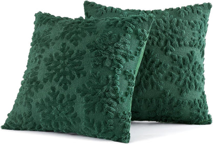 Christmas Dark Green Throw Pillow Covers Snowflakes Decorative 18×18 Inch Faux Wool Winter Festival Couch Pillow Covers Set of 2 Farmhouse Holiday Home Decors for Sofa Livingroom Bed