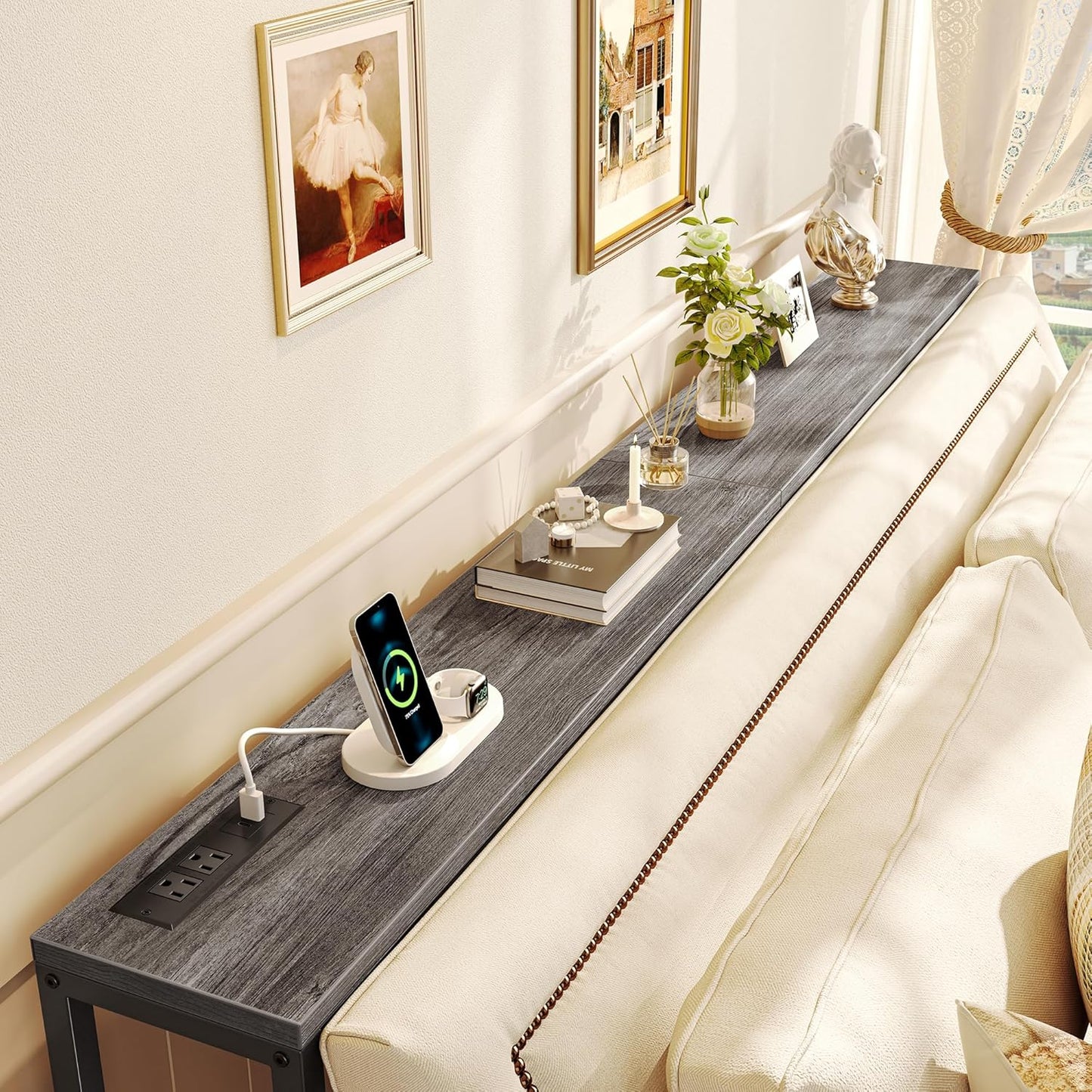 70-Inch Console Table with Built-In Charging Station, Narrow Entryway Hall Table in Charcoal Gray for Living Room Use