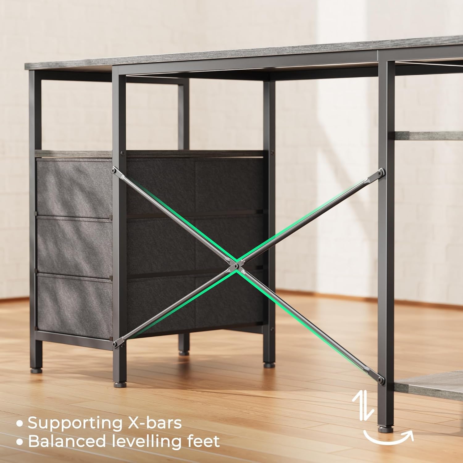 L-Shaped Office Desk with Power Outlets, 47-Inch Computer Desk Featuring 3 Drawers and Shelves for Gaming, Home Office, and Study - Grey