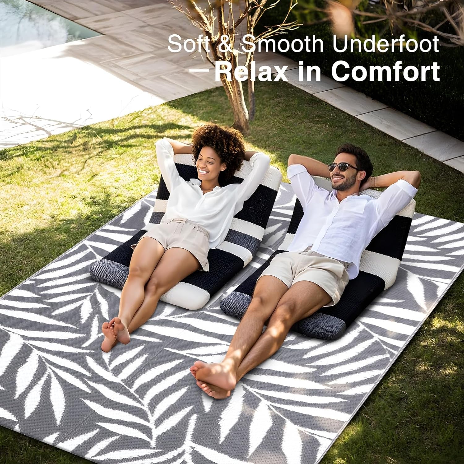 Waterproof Outdoor Rug 5X8 Ft, Reversible Outdoor Plastic Straw Rug with Leaf Pattern, RV Mat, Indoor Outdoor Carpet for Patio, Camping, Balcony, Deck, Backyard, Grey & White