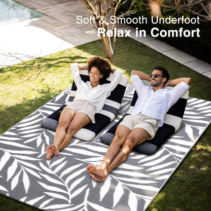 Waterproof Outdoor Rug 5X8 Ft, Reversible Outdoor Plastic Straw Rug with Leaf Pattern, RV Mat, Indoor Outdoor Carpet for Patio, Camping, Balcony, Deck, Backyard, Grey & White