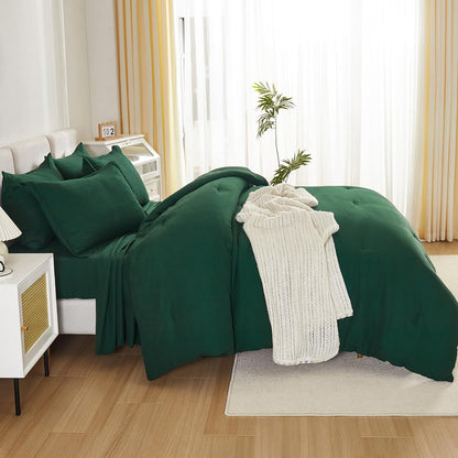 King Size Comforter Set Dark Emerald Green - 7 Pieces Bed in a Bag King Bedding Comforter Sets, Solid Lightweight Bed Set with Comforter, Sheets, Pillowcases & Shams