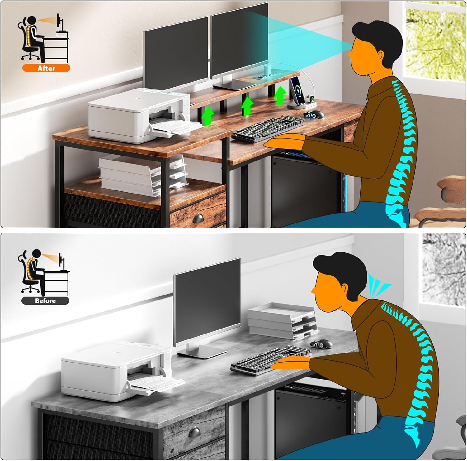 60" Computer Desk with 4 Drawers and Printer Space, Gaming Desk with LED Lights and USB Power Outlets, Office Desk with Fabric File Cabinet, Work Table with Shelf for Bedroom, Rustic Brown