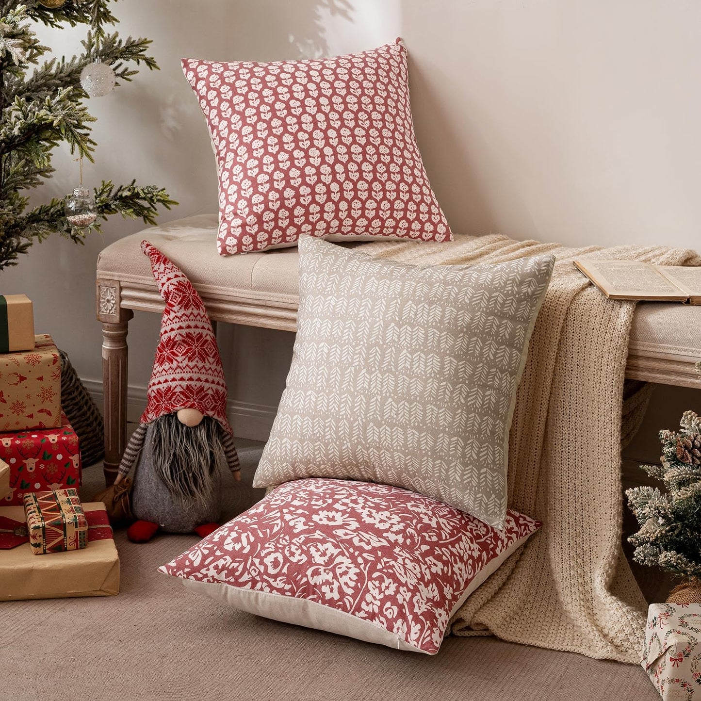 Floral Pillow Covers 18X18 Set of 2, Neutral Linen Decorative Throw Pillow Covers for Sofa Couch Outdoor Living Room, Farmhouse Cushion Covers, Red