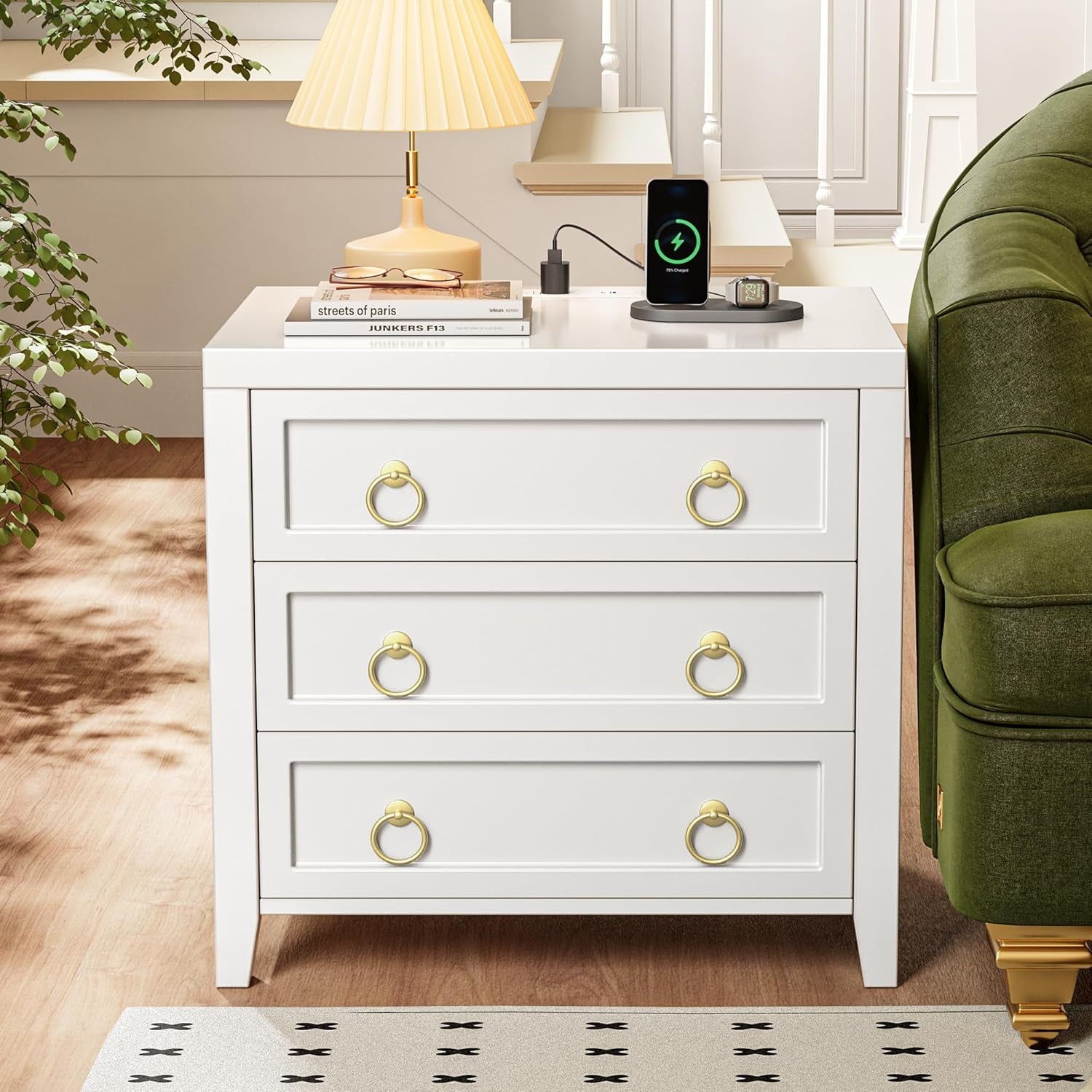 Modern White Nightstand Set of 2 with Charger Station and USB-C Port, 3 Drawer Bedside Tables, Larger and Wider Design for Bedroom