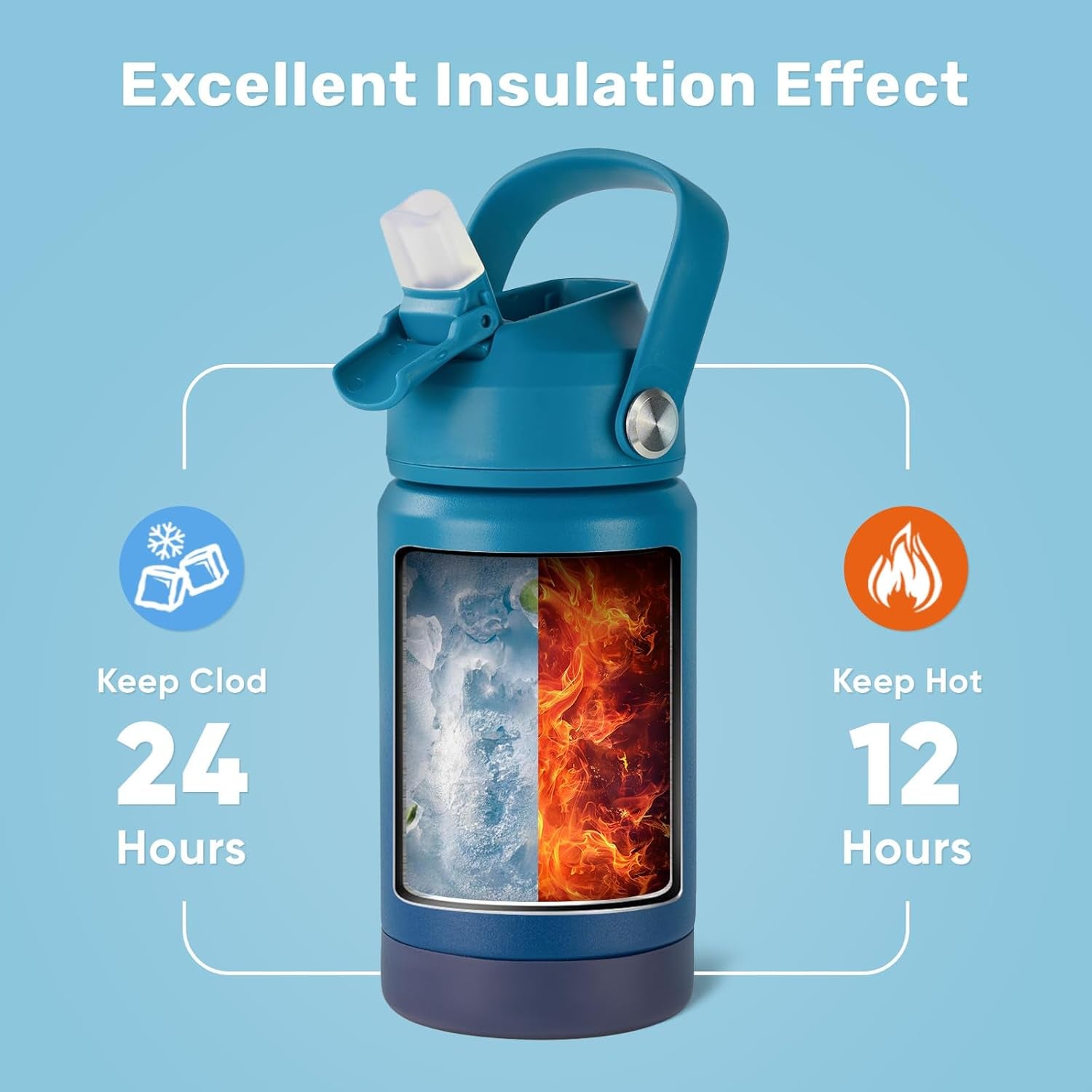 12 Oz Water Bottle, Kids Water Bottles for School, Toddler Water Bottle with Straw & Handle, 304 Stainless Steel Insulated Water Bottle, Non-Slip Silicone Base, BPA Free, Gradient Blue