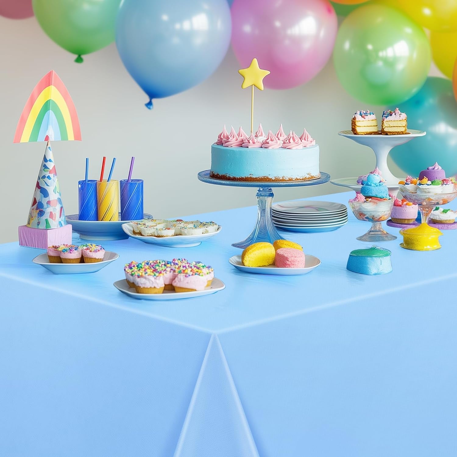 Light Blue Rectangle Tablecloth Set - 4 Pieces, 54"x72", Waterproof and Spillproof Disposable Plastic Covers for Dining, Buffets, Picnics, and Outdoor Events