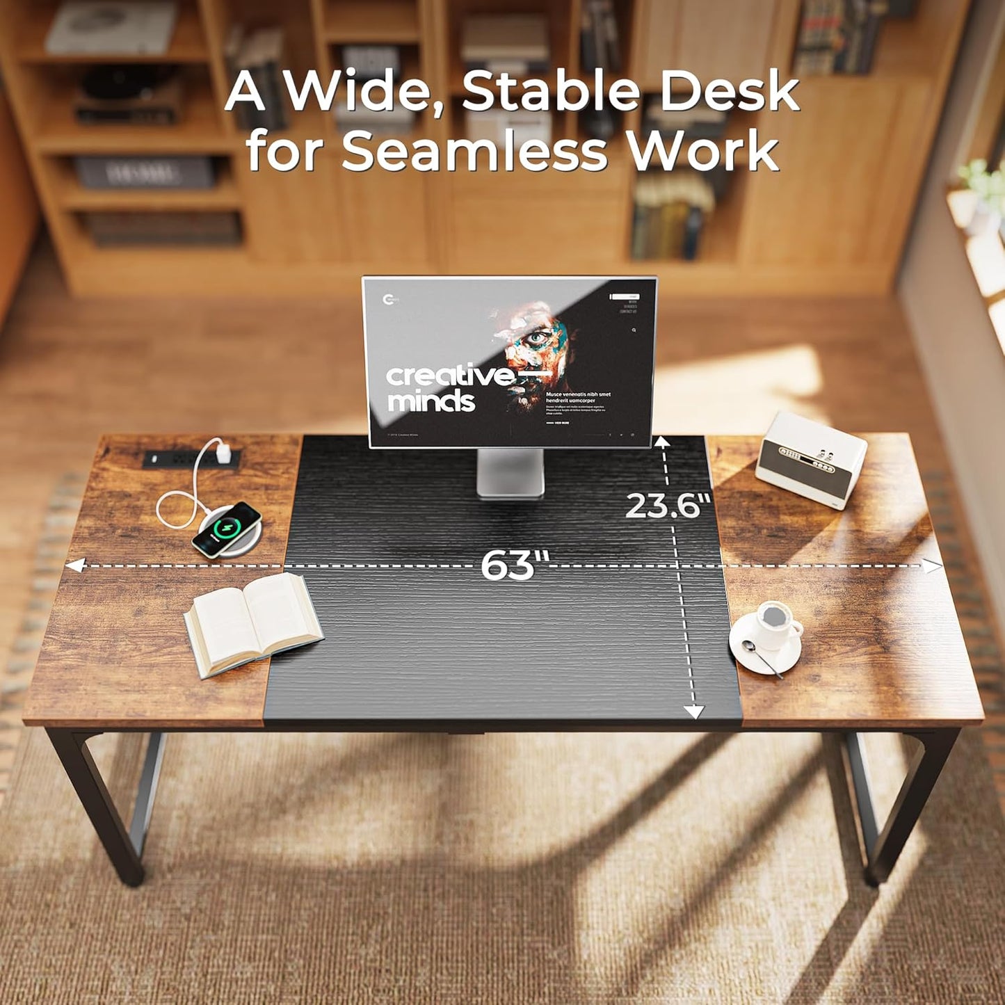 63" x 24" Heavy-Duty Computer Desk with Power Outlets & USB-C, Enhanced Desktop Thickness, Sturdy Metal Frame, Ideal for Home Office and Gaming, Rustic Brown and Black Finish