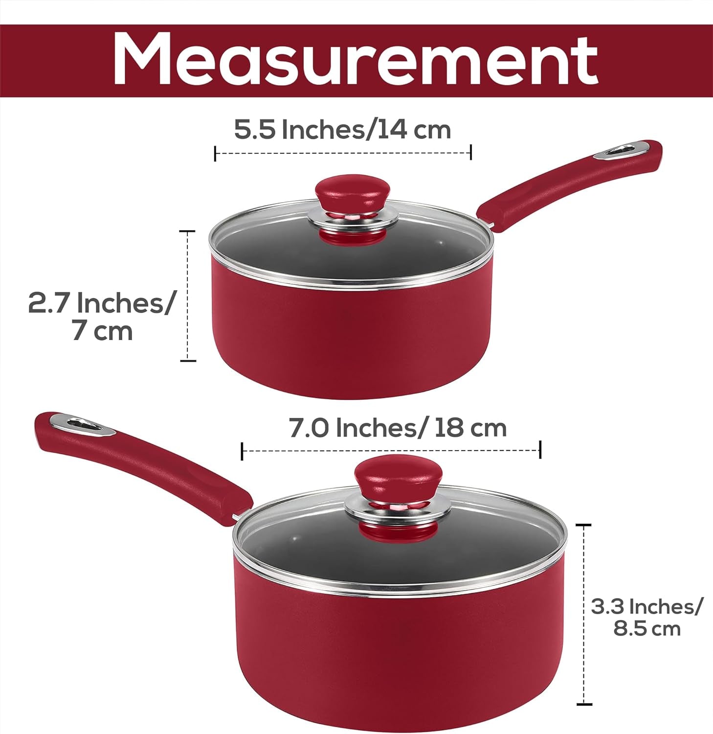 Nonstick Stock Pot Saucepan Set with Lids, 1 Quart and 2 Quarts Multipurpose Stock Pots Set for Home, Kitchen or Restaurant, Red & Black