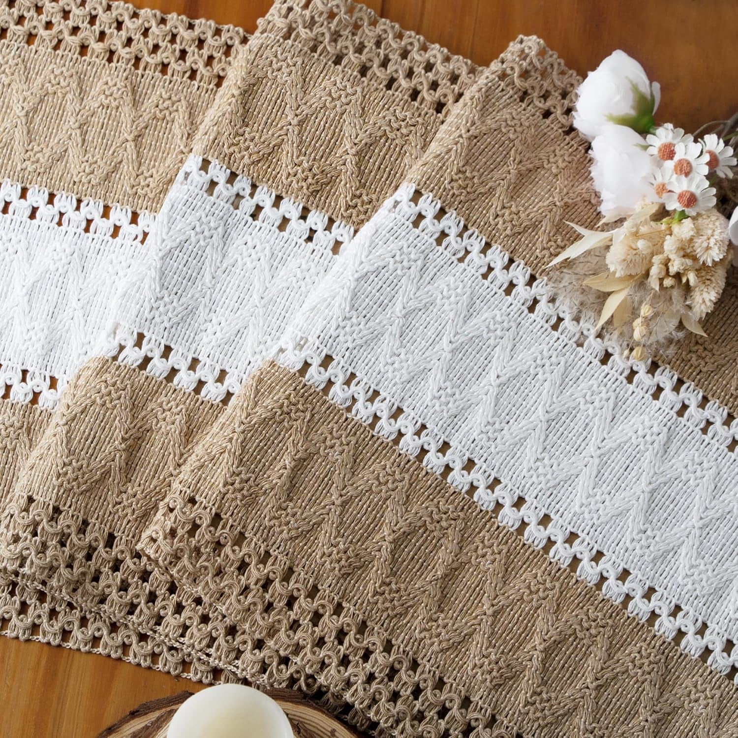 Boho Table Runner for Home Decor with Tassels 72 Inches Long Farmhouse Rustic Brown Macrame Burlap Table Decoration for Living Room Bridal Shower (12X72 Inches)