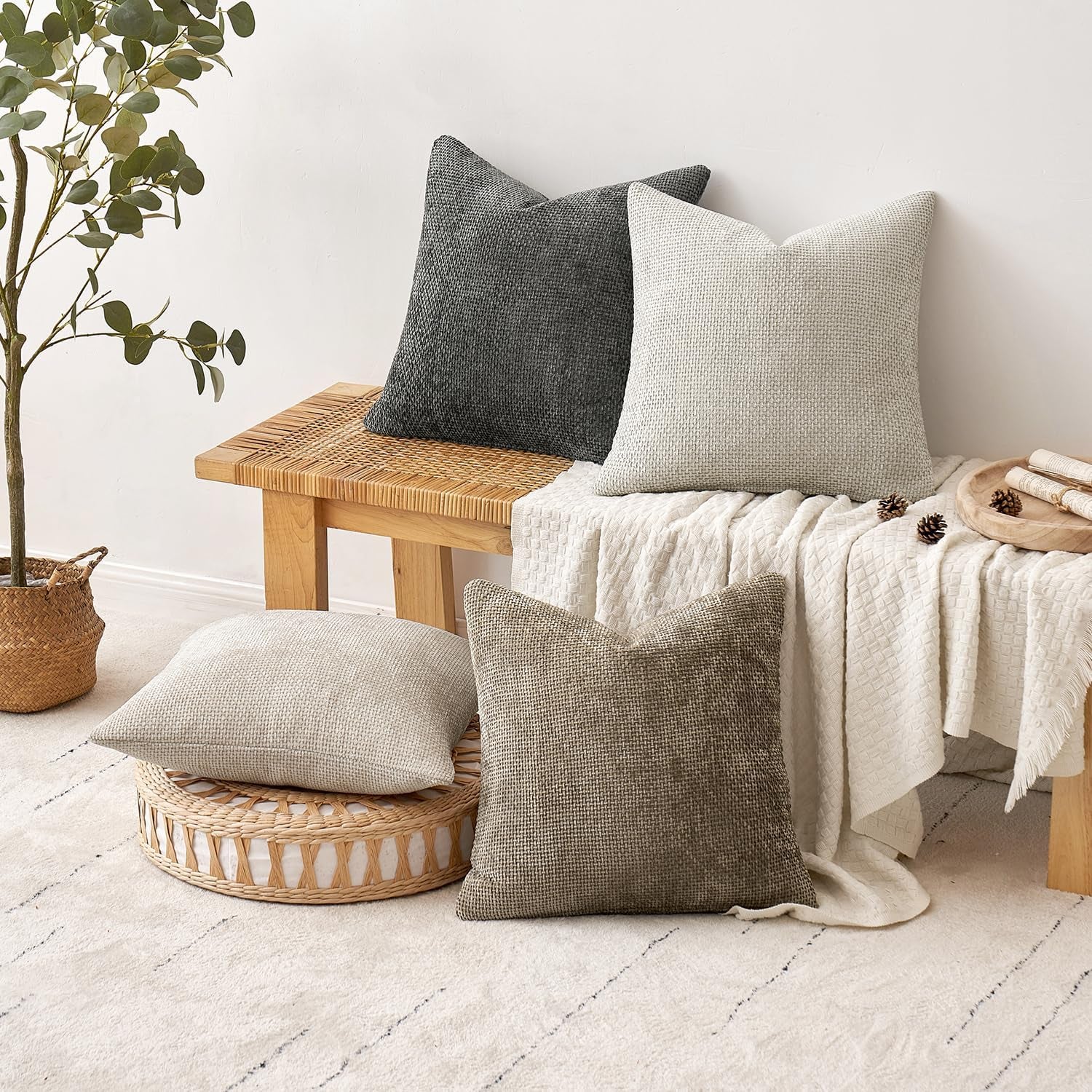 Set of 4 18x18 Inch Neutral Chenille Throw Pillow Covers - Soft Decorative Cushion Covers for Farmhouse Boho and Mid-Century Modern Home Decor in Sofa, Bedroom, and Living Room