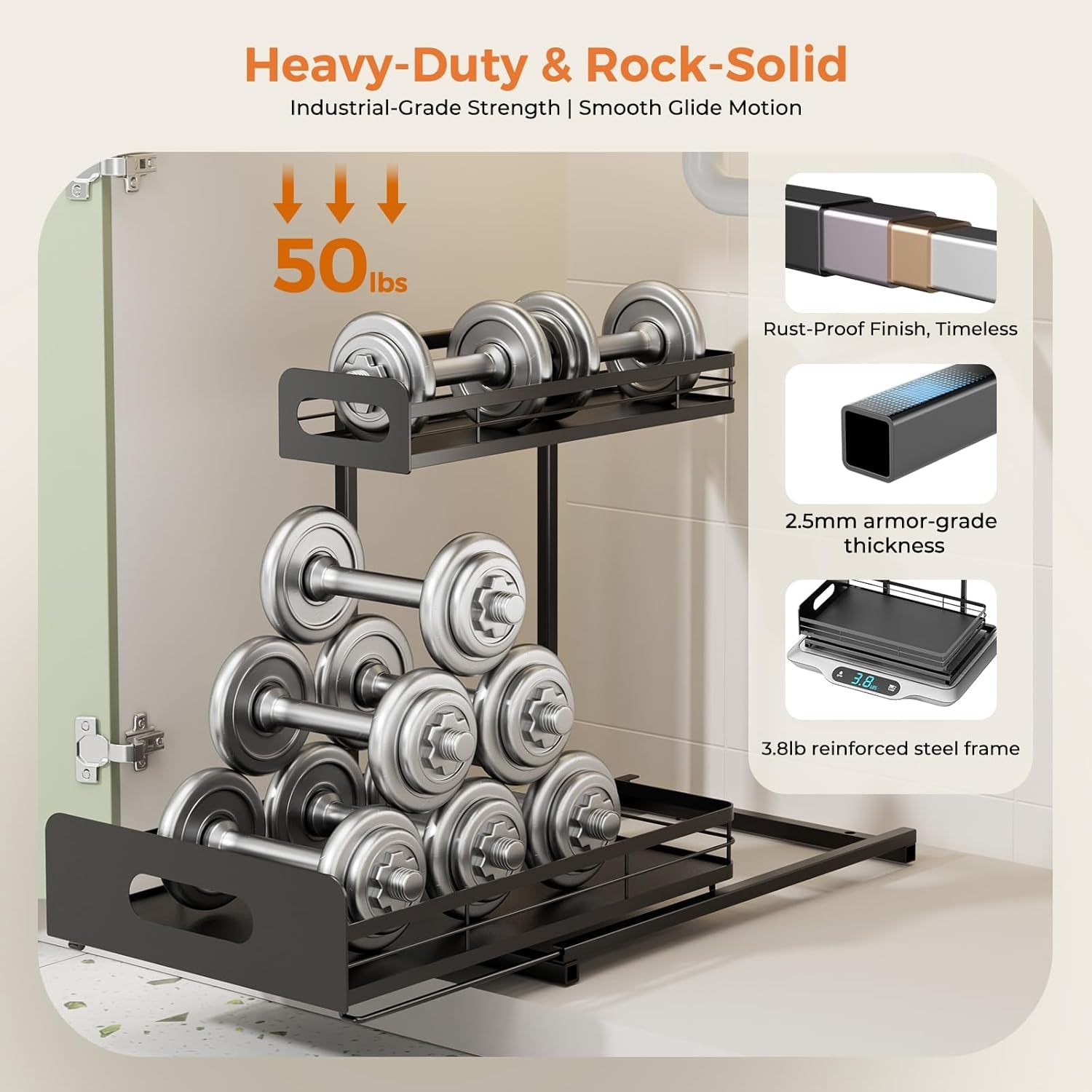 2 Pack Metal under Sink Organizers and Storage, 2 Tier Pull Out under Cabinet Organizer for Kitchen Bathroom, Adjustable under Sink Shelf for under Counter Storage Organizer, Black