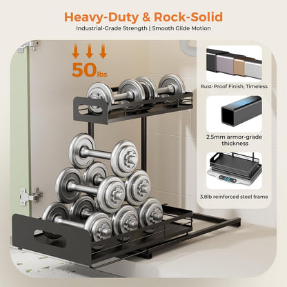 2 Pack Metal under Sink Organizers and Storage, 2 Tier Pull Out under Cabinet Organizer for Kitchen Bathroom, Adjustable under Sink Shelf for under Counter Storage Organizer, Black