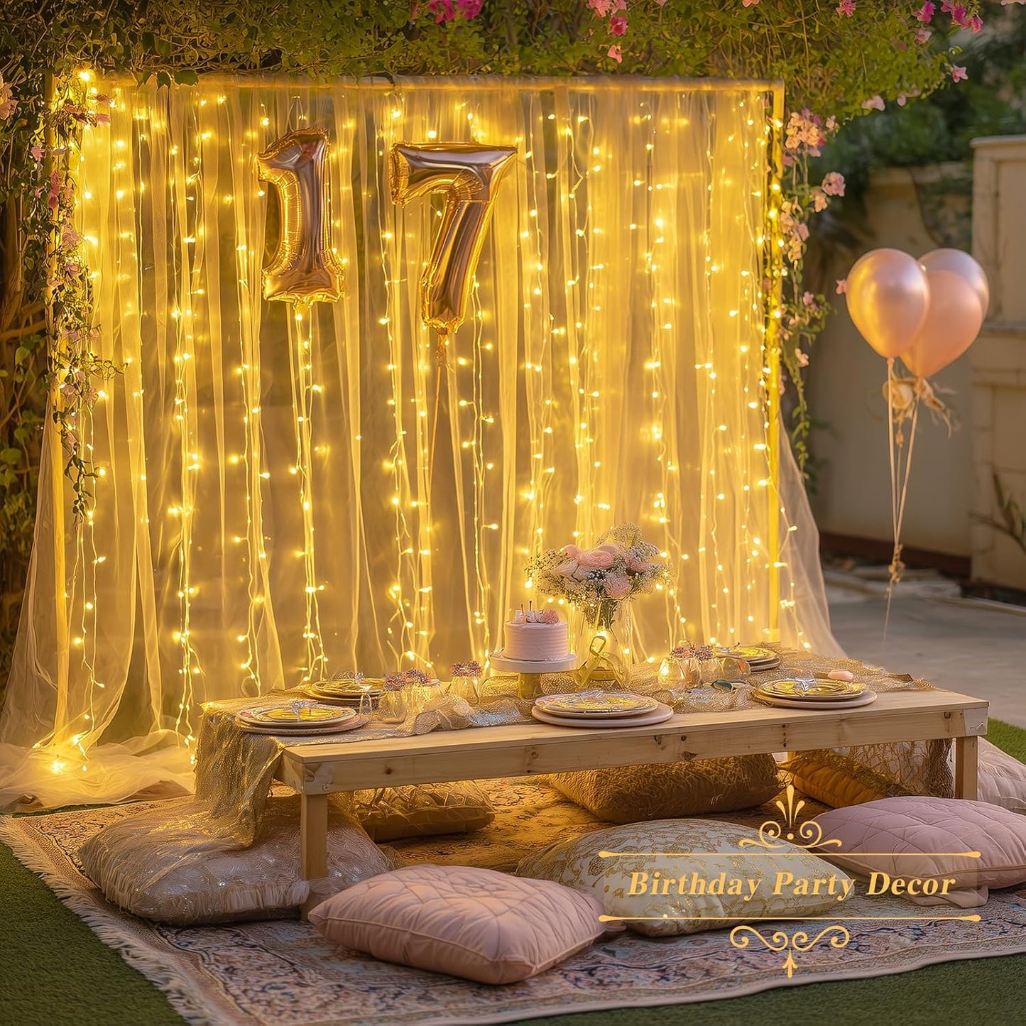 200 LED Curtain Lights Battery Operated & USB Plug In, 8 Modes Hanging String Lights Indoor with Remote, Warm White Twinkle Curtain Lights for Bedroom Backdrop Classroom Wedding Party Decor