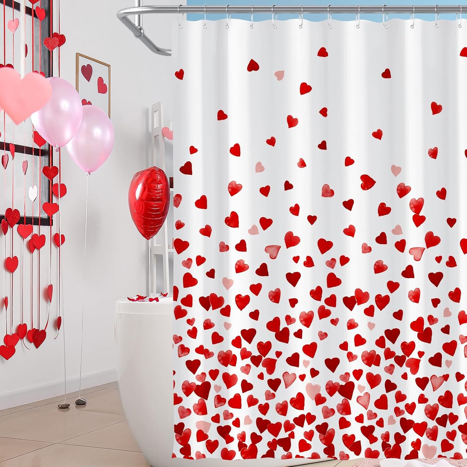 71 X 71 Inches Valentines Shower Curtain Bottom with Pink and Red Love Heart Romantic Bathroom Curtain Waterproof Polyester Curtain Hooks Set for Valentine'S Bathroom Decorations