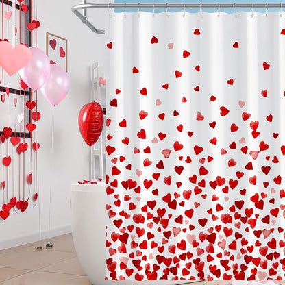71 X 71 Inches Valentines Shower Curtain Bottom with Pink and Red Love Heart Romantic Bathroom Curtain Waterproof Polyester Curtain Hooks Set for Valentine'S Bathroom Decorations