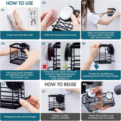 Patented Suction Cup Toothbrush Holder, Stainless Steel Anti-Puddling Shower Toothbrush Holder, No Drilling Removable Organizer for Bathroom Toothpaste, Razor, Kitchen and Office Items, Black