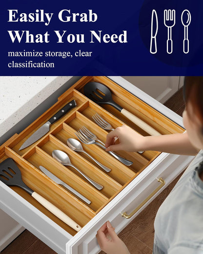 Large Bamboo Silverware Organizer - Expandable Drawer Organizer for Utensil, Cutlery and Flatware, Kitchen Storage Solution with 6 to 8 Slots, Natural, 18.7" × 12.8" × 1.8"