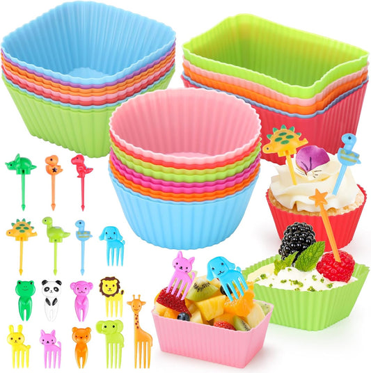 70 Pcs Silicone Lunch Box Dividers Set, Thicked Silicone Cupcake Liners for Baking, Reusable Lunch Bento Box Accessories with Animal Food Picks for Kids (20 Cupcake Cup + 50 Picks)