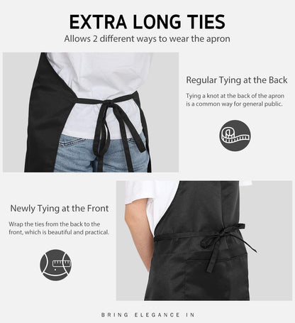 12 Pack Bib Apron, Unisex Aprons Adjustable Waterdrop Resistant with 2 Pockets Cooking Kitchen Apron for Chef, BBQ Drawing Apron Bulk, Black