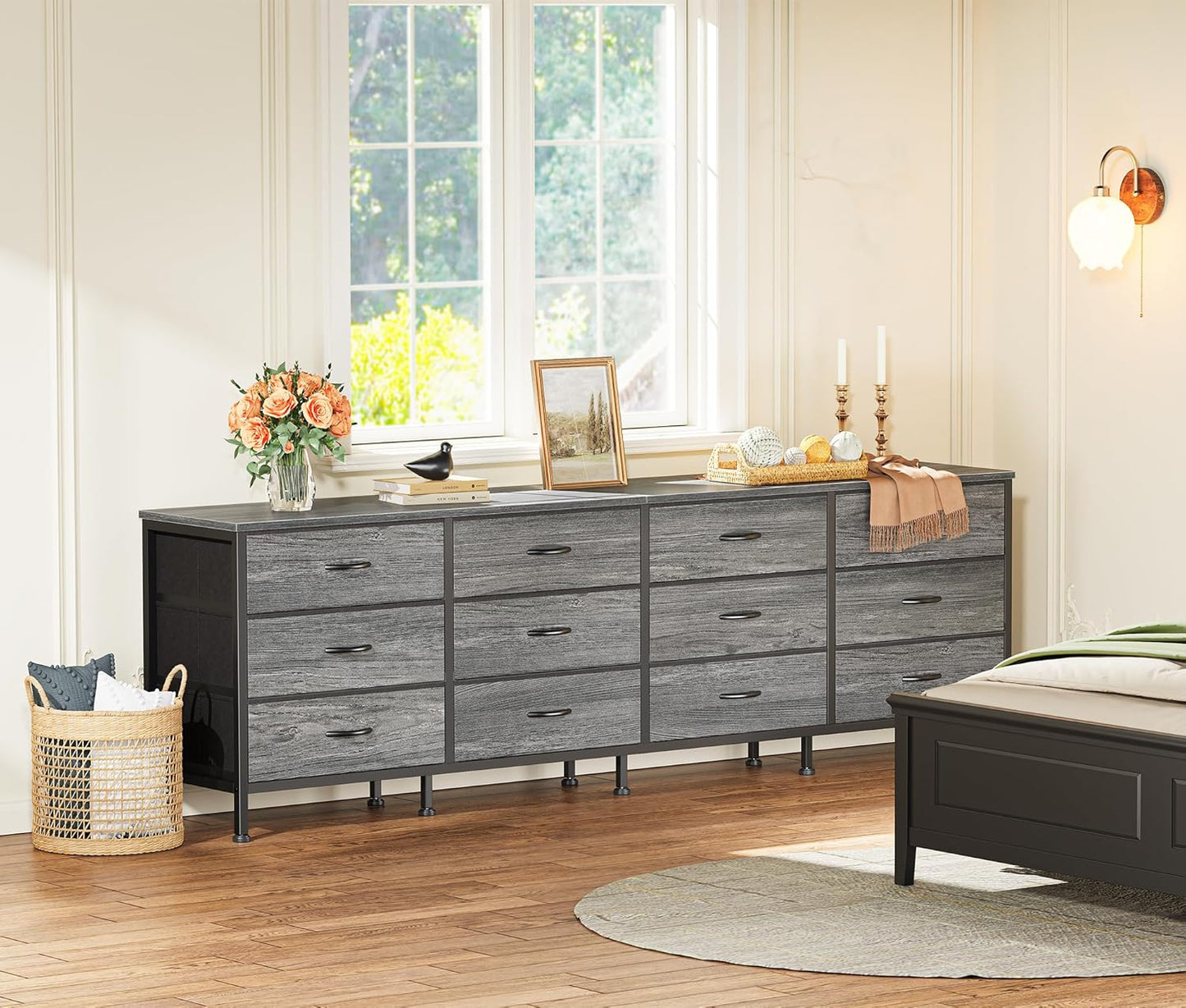 70-Inch Grey Dresser and TV Stand for 65 to 80 Inch TVs with 12 Fabric Drawers, Large Storage Organizer for Bedroom and Living Room