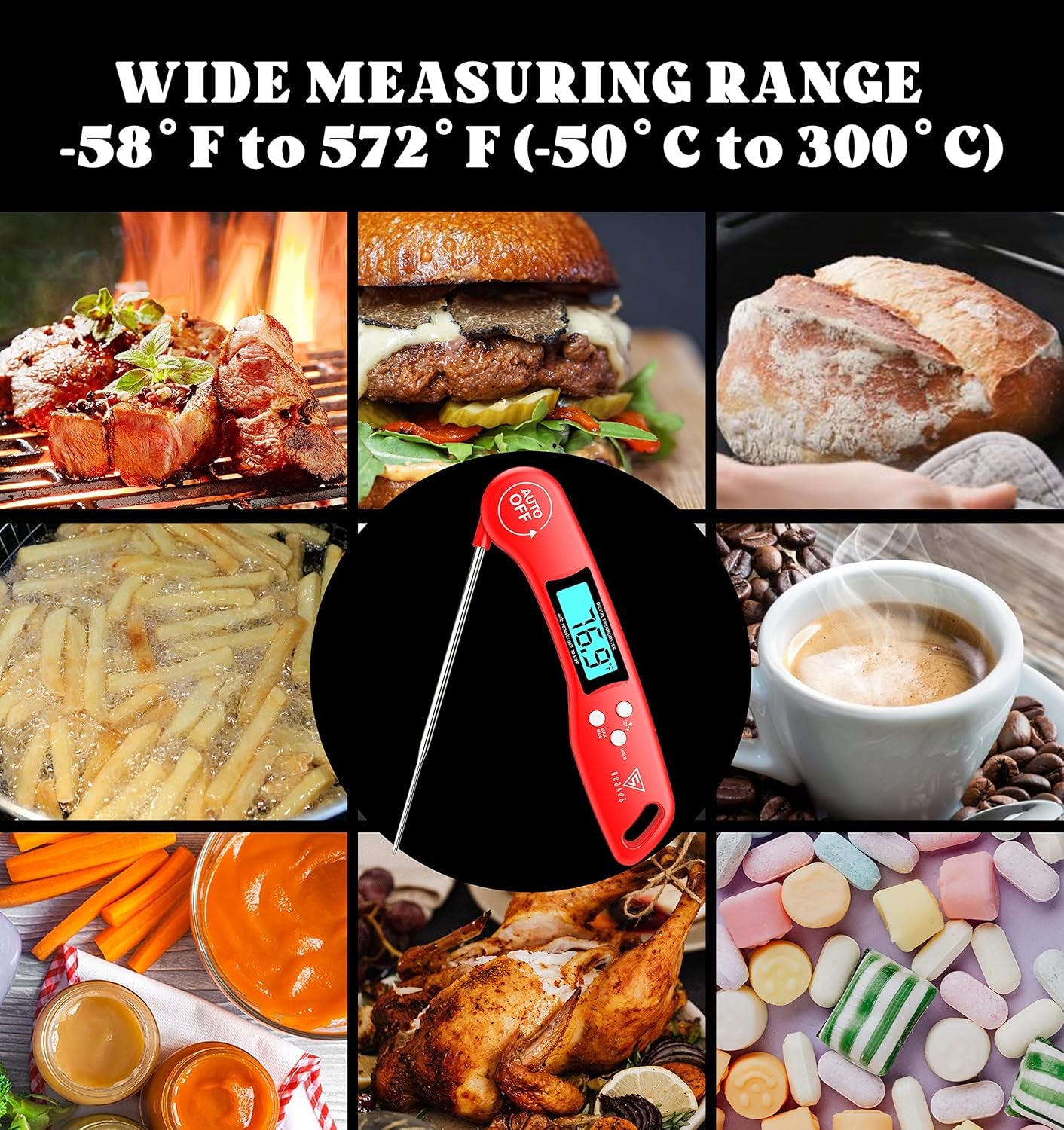 Digital Meat Thermometer, Instant Read Food Thermometers for Cooking, Kitchen Probe with Backlit & Reversible Display, Wide Temperature Range for Turkey, Grill, BBQ, Baking, Bread, Sourdough