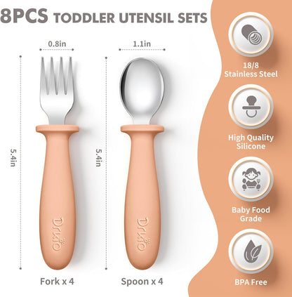 Toddler Utensils Set - 8-Piece Kids Silverware Set with Silicone Handles, Safe 18/8 Stainless Steel Forks and Spoons, Anti-Choke Design, Food Grade, Dishwasher Safe
