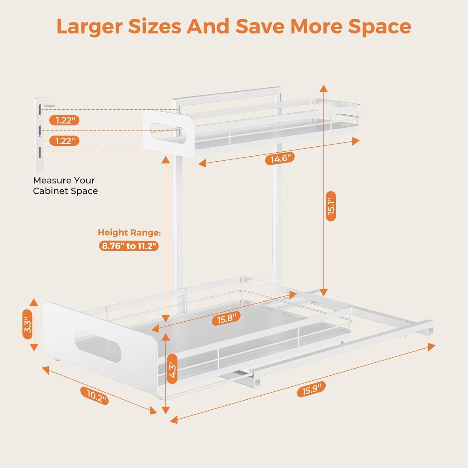 2 Pack Metal under Sink Organizers and Storage, 2 Tier Pull Out under Cabinet Organizer for Kitchen Bathroom, Adjustable under Sink Shelf for under Counter Storage Organizer, White