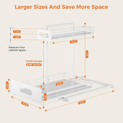 2 Pack Metal under Sink Organizers and Storage, 2 Tier Pull Out under Cabinet Organizer for Kitchen Bathroom, Adjustable under Sink Shelf for under Counter Storage Organizer, White